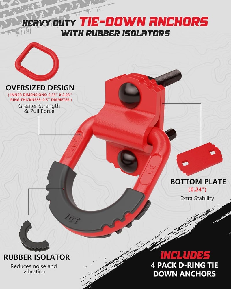 AMBULL D-Ring Tie Down Anchors with Rubber Isolators, 4 Pack Heavy Duty 10 Ton Capacity Carbon Steel, Bolt-On with Mounting Hardware, Zinc & Powder Coated for Trailer, Truck, Pickup, Garage-Red - Image 2